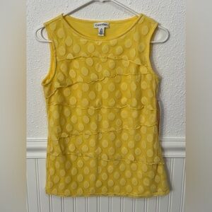 👚 Sunny Style: Calvin Klein Petite Yellow Polka Dot Tank Top with Ruffled Front